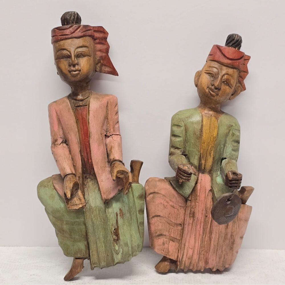 Antique Burmese Asian Folk Art Hand Carved Wooden Musician Wall Figurines AS IS